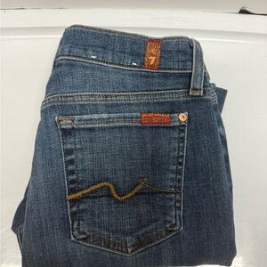 7 For All Mankind Women's Medium Blue Straight Leg Jeans with Contrast Stitch